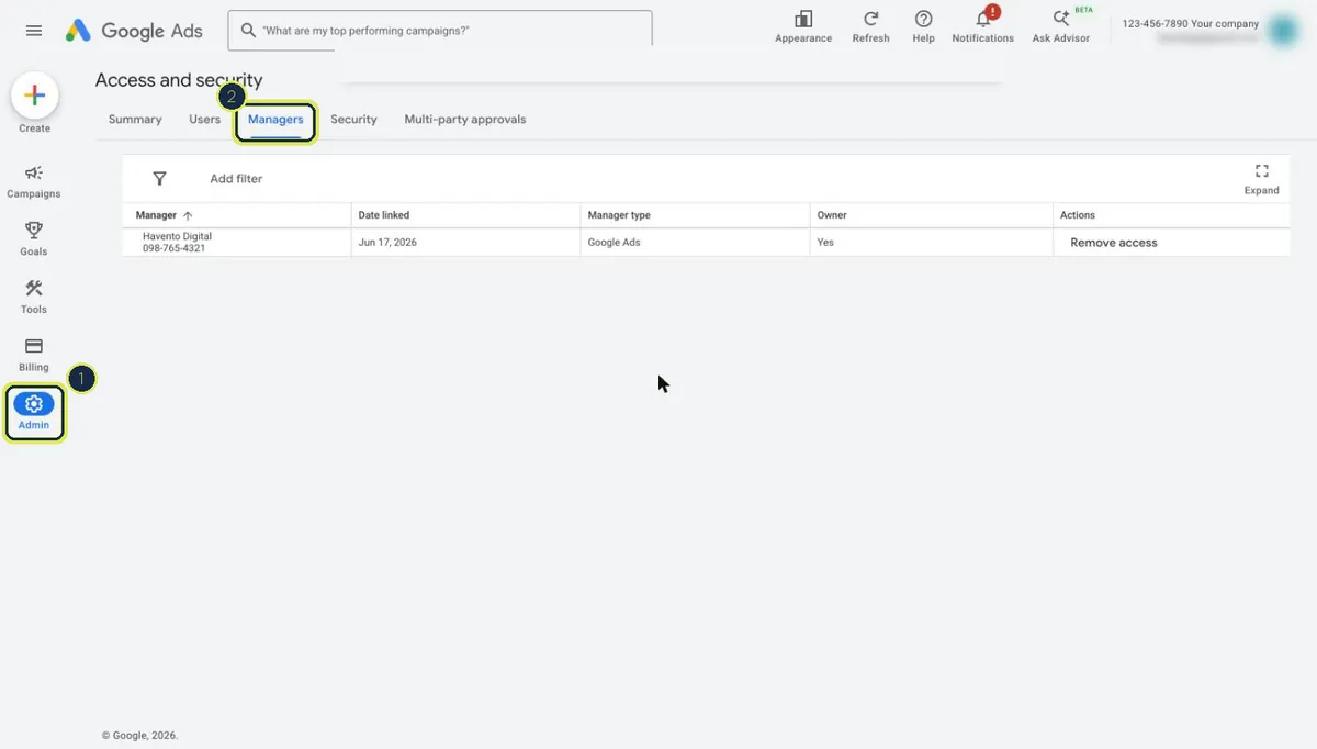 Google Ads Access and security page with the Managers tab highlighted