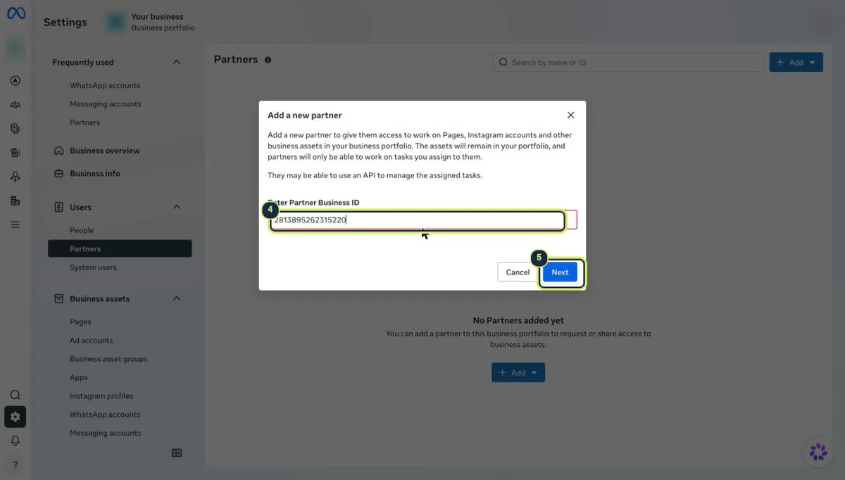 Business ID field and Next button highlighted